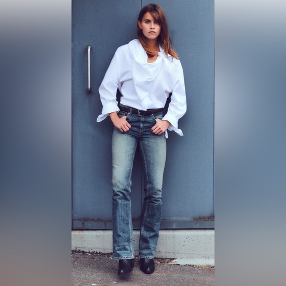 ZARA Sz 14 Jeans High Rise Bootcut Mid-Wash 100% Cotton Slight Distressing NEW - Picture 1 of 13